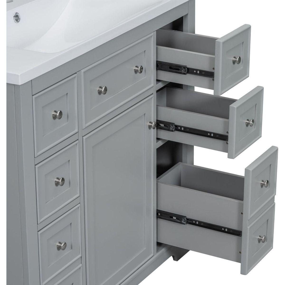 36" Bathroom Vanity with Sink Combo, One Cabinet and Six Drawers, Solid Wood and MDF Board, Grey