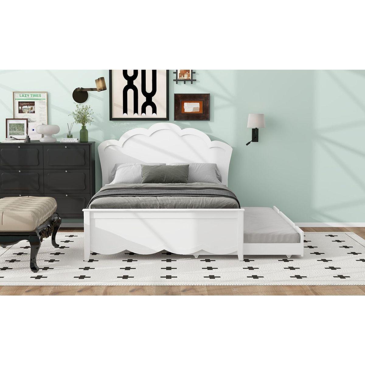 Full Size Wood Platform Bed with Headboard and Twin Size Trundle, White - Streamdale Furniture