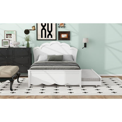 Full Size Wood Platform Bed with Headboard and Twin Size Trundle, White - Streamdale Furniture