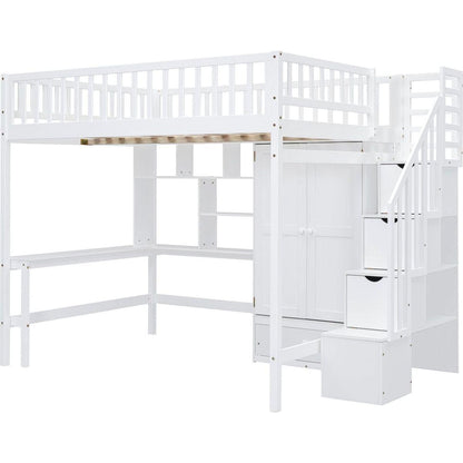 Full size Loft Bed with Bookshelf,Drawers,Desk,and Wardrobe-White