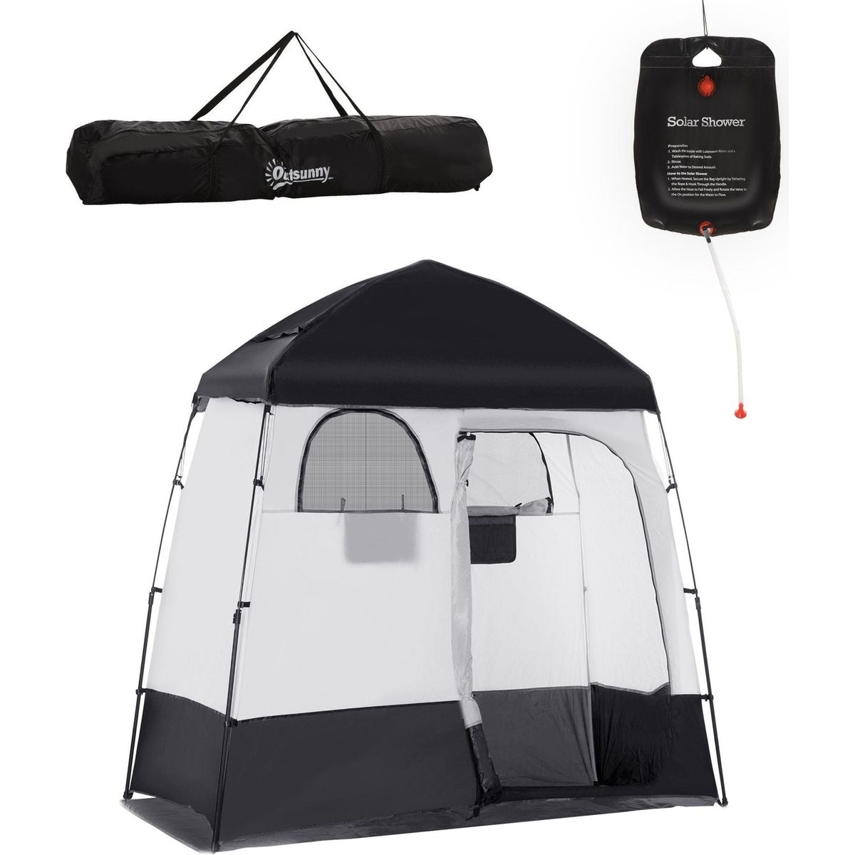 Shower Tent, Pop Up Privacy Shelter for Camping, Dressing Changing Room, Portable Instant Outdoor Shower Tent Enclosure w/ 2 Rooms, Shower Bag, Floor and Carrying Bag, Black