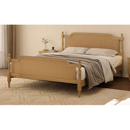 Traditional Style Rattan King Size Bed Frame,No Box Spring Needed,Antique Walnut