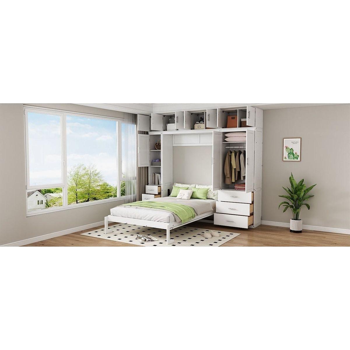 Full Size Murphy Bed with Lockers and Wardrobes, With installation video, White