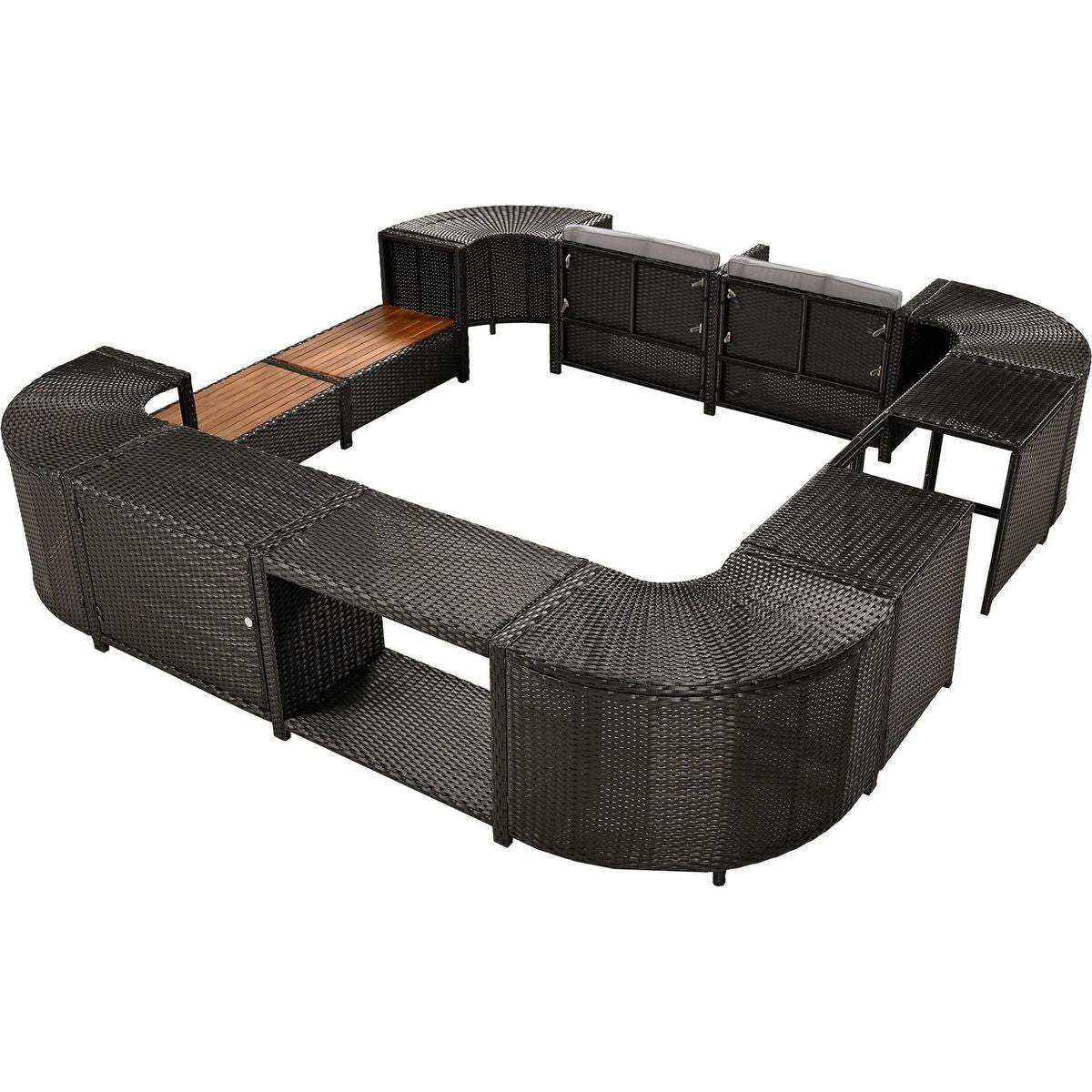 Spa Surround Spa Frame Quadrilateral Outdoor Rattan Sectional Sofa Set with Mini Sofa, Wooden Seats and Storage Spaces, Grey