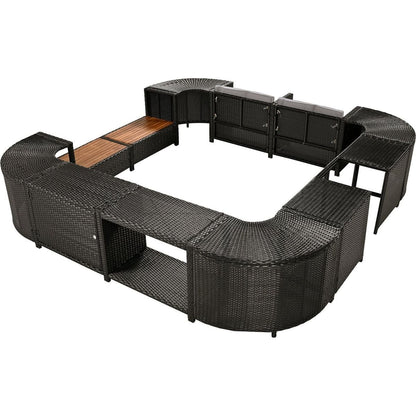 Spa Surround Spa Frame Quadrilateral Outdoor Rattan Sectional Sofa Set with Mini Sofa, Wooden Seats and Storage Spaces, Grey