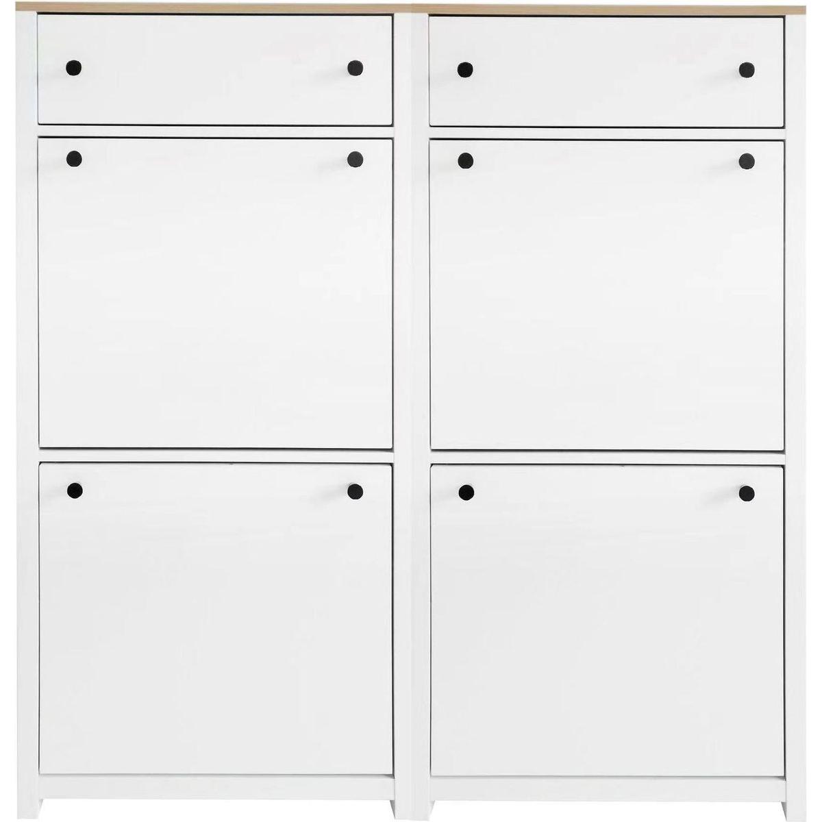 Slim Shoe Cabinet Set with 4 Flip Drawers, Wood Grain Pattern Top Shoe Storage Solution with Adjustable Panel, Modern Style Shoe Rack with Drawers for Hallway, White