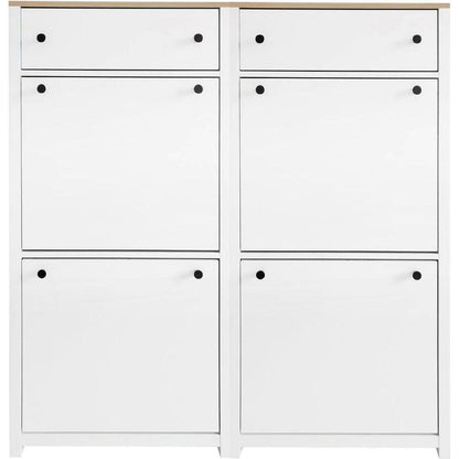 Slim Shoe Cabinet Set with 4 Flip Drawers, Wood Grain Pattern Top Shoe Storage Solution with Adjustable Panel, Modern Style Shoe Rack with Drawers for Hallway, White