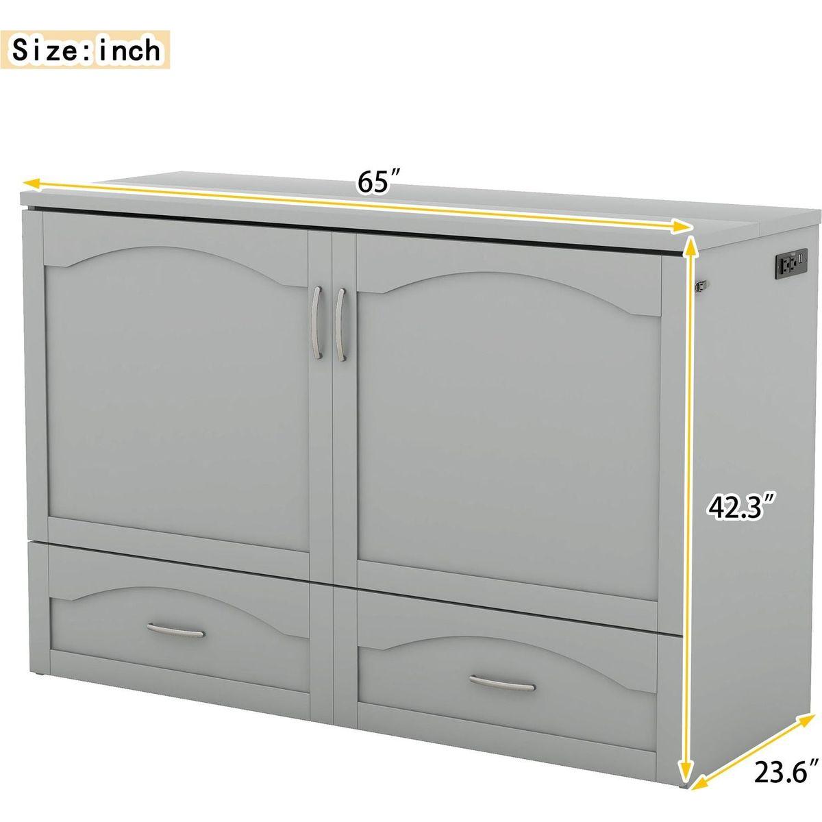 Queen Size Murphy Bed Wall Bed with drawer and a set of Sockets & USB Ports, Pulley Structure Design, Gray