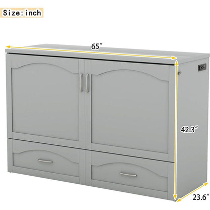 Queen Size Murphy Bed Wall Bed with drawer and a set of Sockets & USB Ports, Pulley Structure Design, Gray