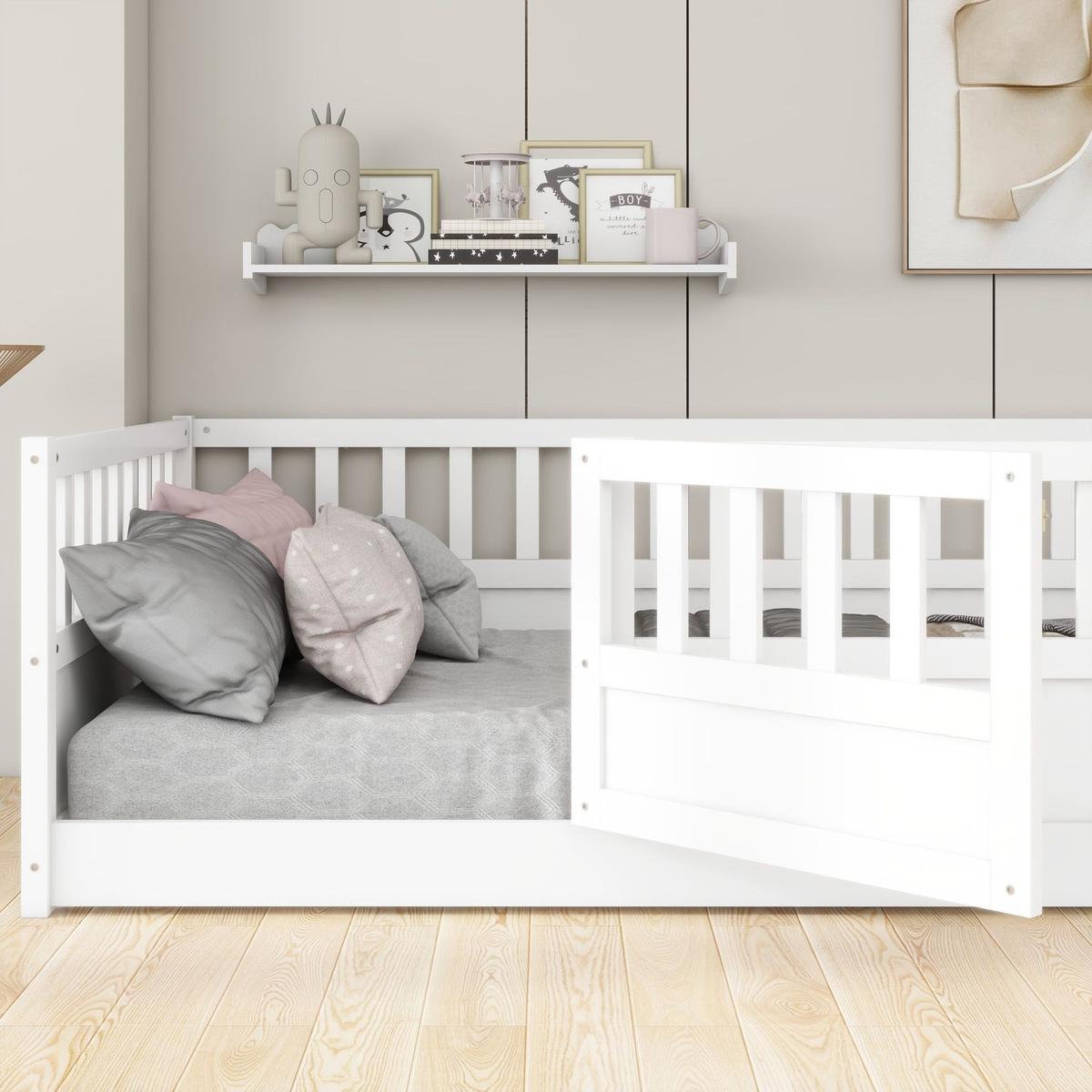 Full size Floor bed, integral construction with super high security barrier, door, children's floor bed frame, Montessori wooden children's floor bed, Support slat white - Streamdale Furniture