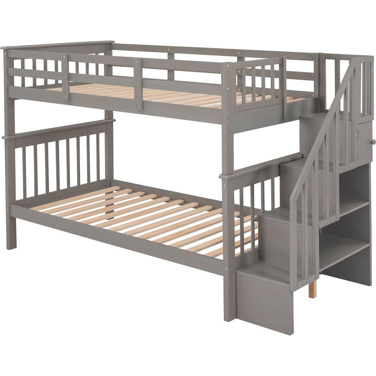 Stairway Twin-Over-Twin Bunk Bed with Storage and Guard Rail for Bedroom, Dorm, Gray color