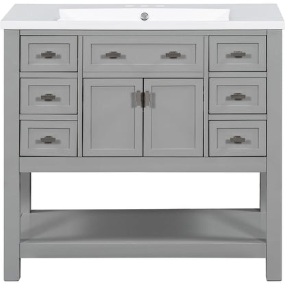 36" Bathroom Vanity with Top Sink, Modern Mirror Cabinet with Towels Bar, Bathroom Storage Cabinet with 2 Soft Closing Doors and 6 Drawers, Single Sink Bathroom Vanity