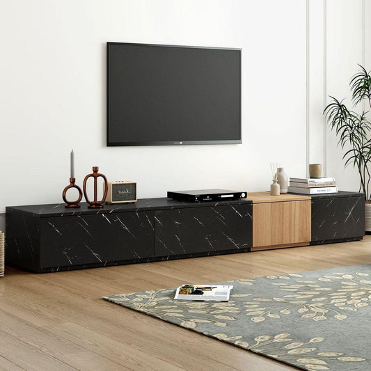 TV Stand with Faux Marble and Walnut Wood Grain Finish for TVs up to 88", Modern Free-Combination Entertainment Center with 4 Storage Drawers for Living Room, Black
