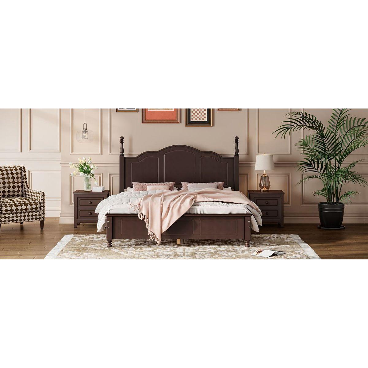 3-Pieces Bedroom Sets,Queen Size Wood Platform Bed and Two Nightstands-Dark Walnut