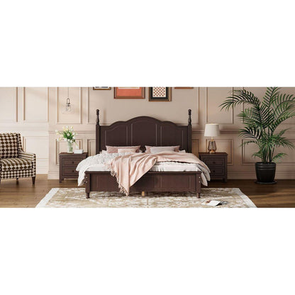 3-Pieces Bedroom Sets,Queen Size Wood Platform Bed and Two Nightstands-Dark Walnut