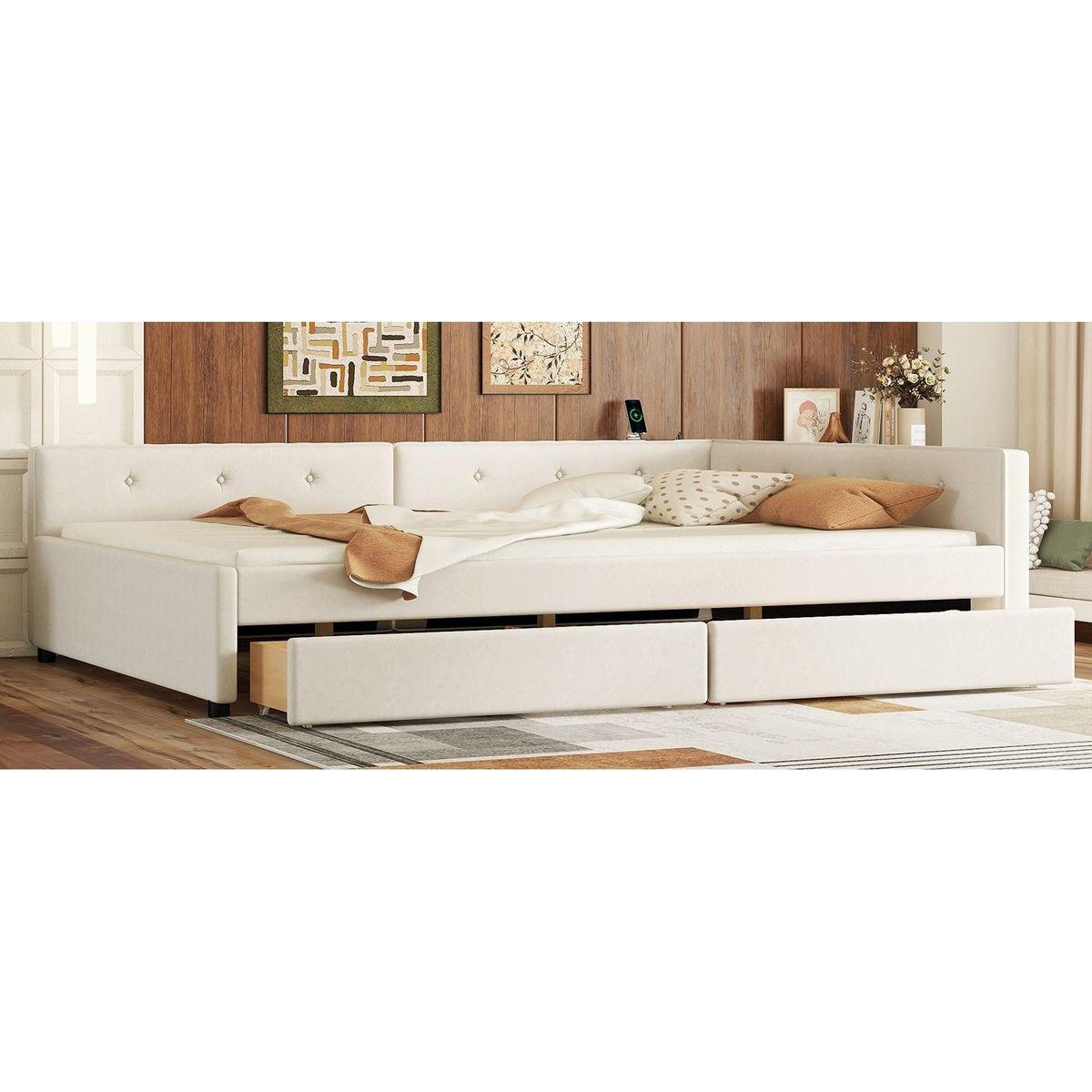 Full Size Upholstered Platform Bed with USB and 2 Drawers, Beige