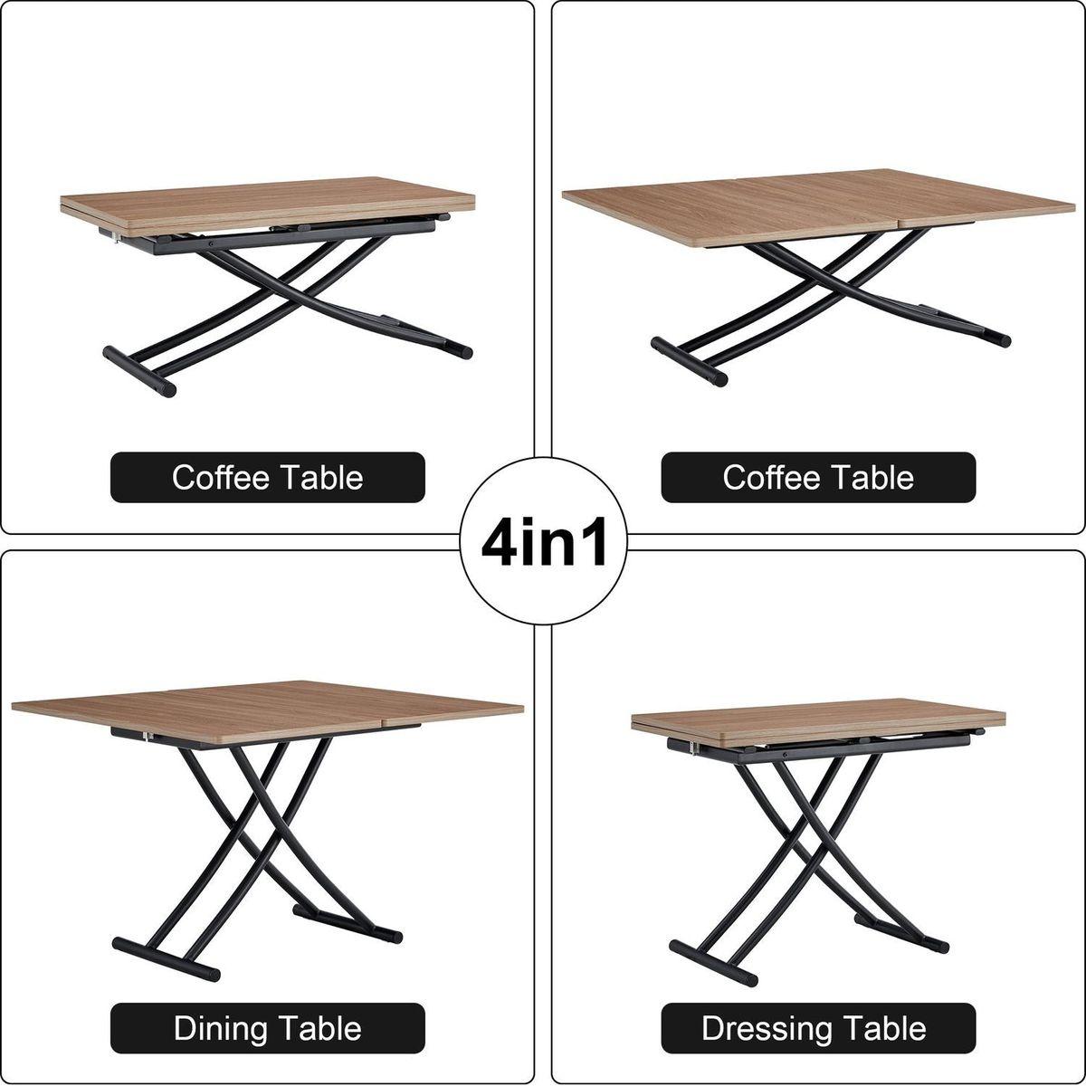 Modern minimalist multifunctional lifting table, with a 0.8-inch wood grain process sticker desktop and black metal legs, can be used as a dressing table, coffee table, dining table, and office table