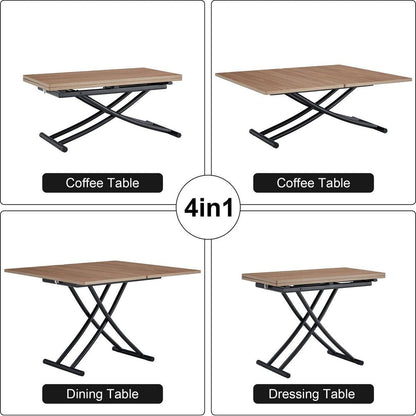 Modern minimalist multifunctional lifting table, with a 0.8-inch wood grain process sticker desktop and black metal legs, can be used as a dressing table, coffee table, dining table, and office table