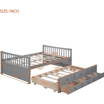 Full size Daybed with Twin size Trundle and Drawers, Full Size, Gray