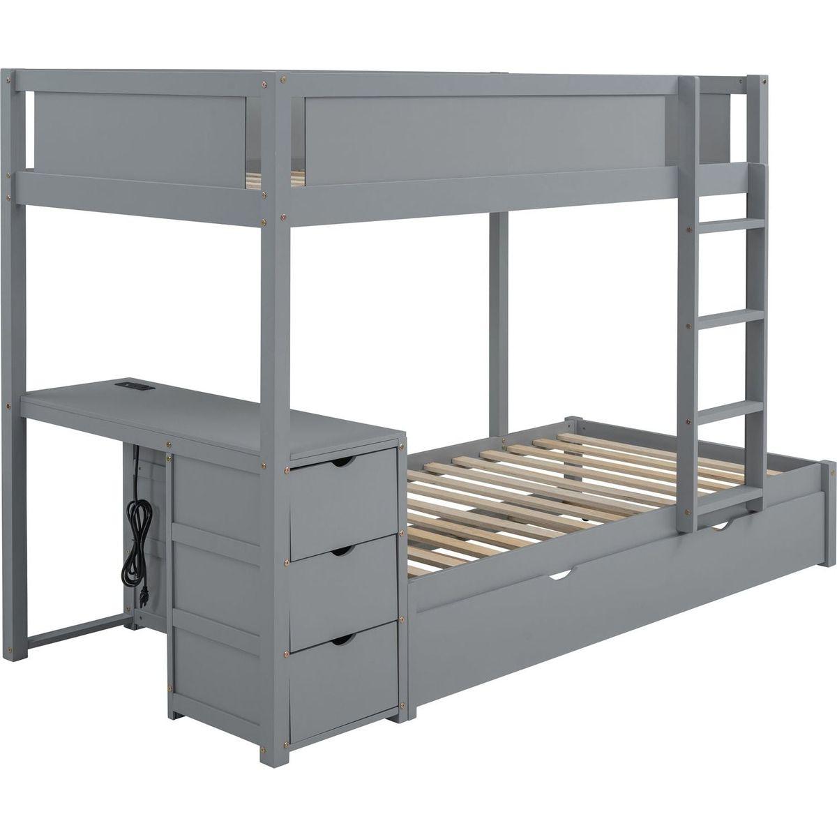 Twin-Over-Twin Bunk Bed with Twin size Trundle, Storage and Desk, Gray