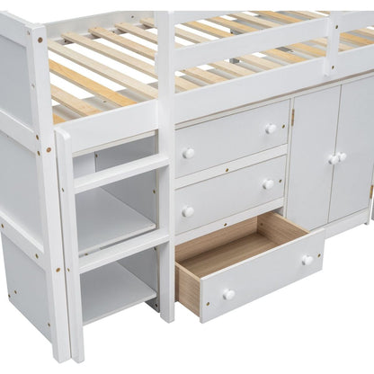 Twin Size Low Loft Bed With Pull-Out Desk, Drawers, Cabinet, and Shelves for White Color