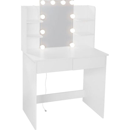 Makeup Vanity Desk With LED Lighted Mirror, Dressing Table Set With 2 Large Drawers 10 LED Light, White Color