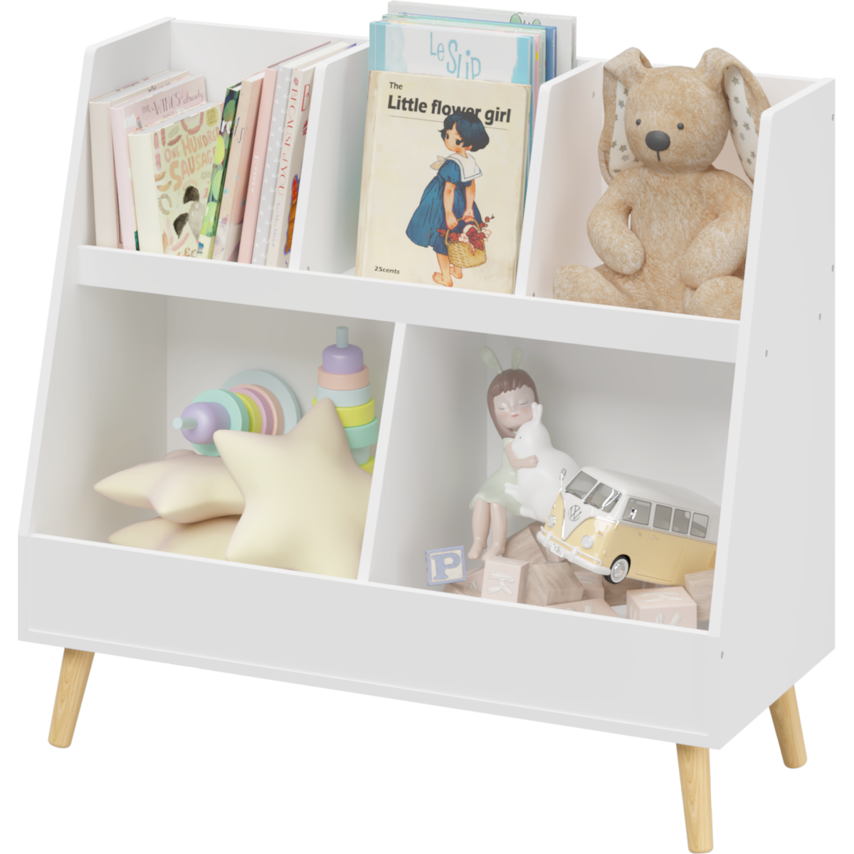 Kids Bookshelf and Toy Organizer, 5 Cubbies Wooden Open Bookcase, 2-Tier Baby Storage Display Organizer with Legs, Free Standing for Playing Room, Bedroom, Nursery, Classroom, White