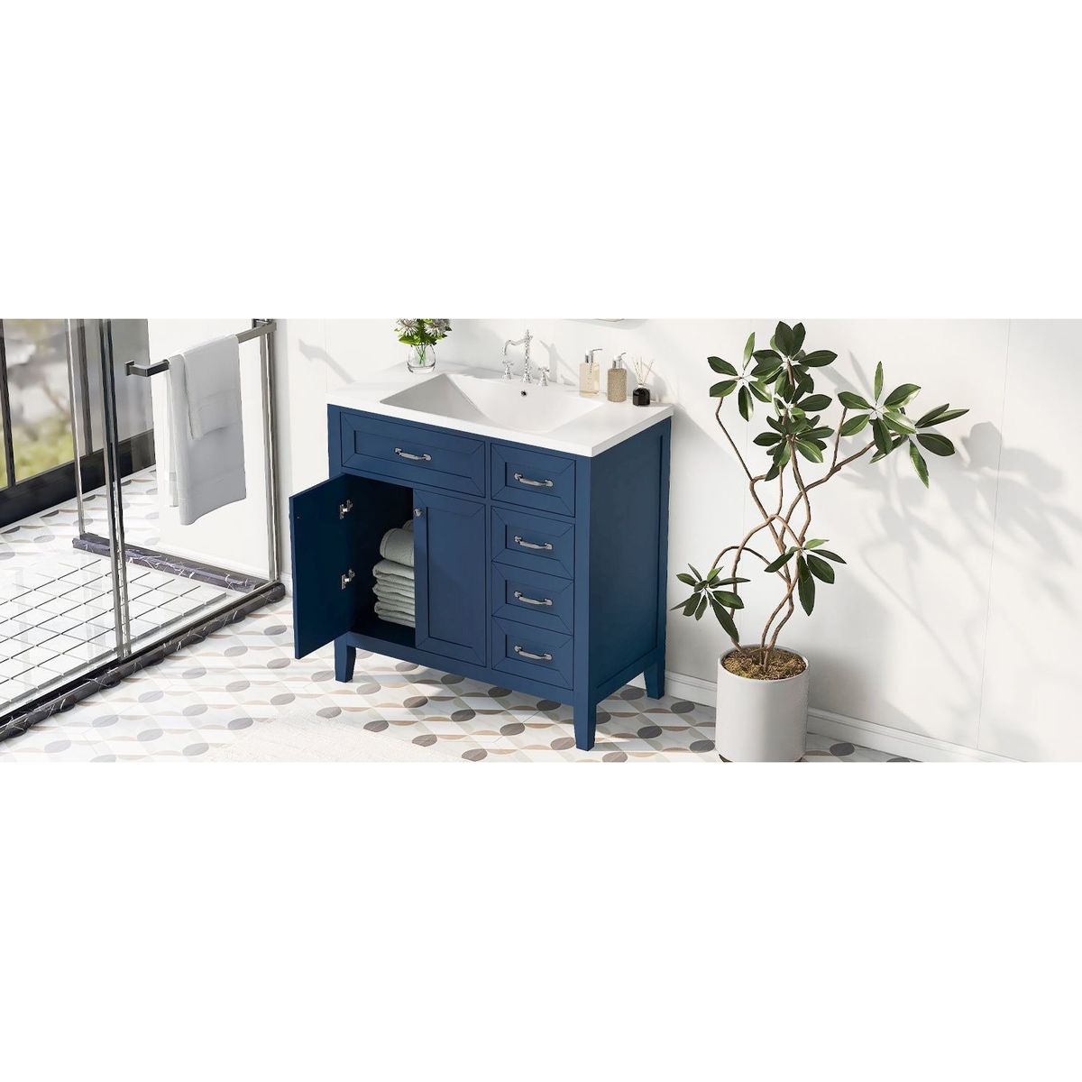 36" Bathroom Vanity with Sink Combo, Blue Bathroom Cabinet with Drawers, Solid Frame and MDF Board