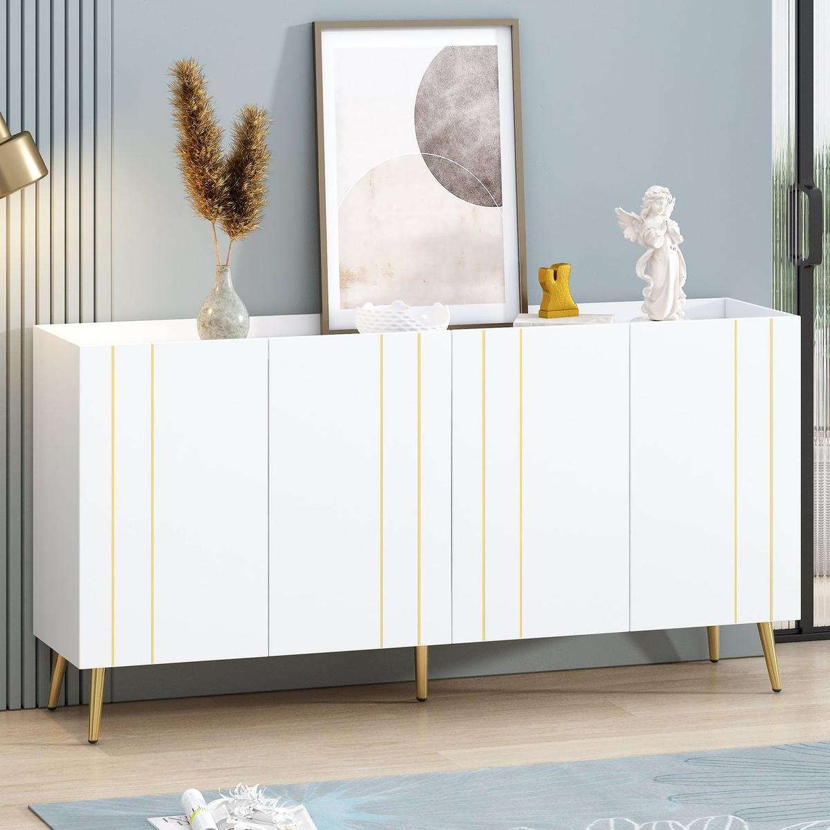 Luxurious Shoe Cabinet with 5 Metal Legs, Modern TV Stand with 4 Adjustable Shelves for TVs Up to 70", Minimalist Sideboard Cabinet with Gold Lines Doors for Living Room,62.9"x 31.4",White