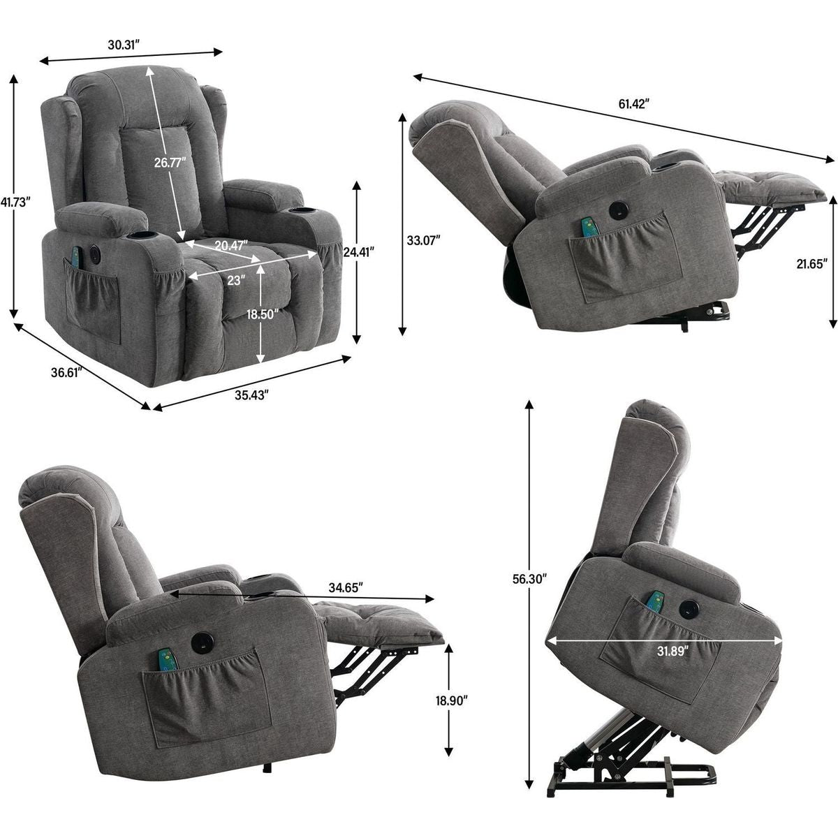 Power Lift Recliner Chair Recliners for Elderly with Heat and Massage Recliner Chair for Living Room with Infinite Position and Side Pocket,USB Charge Port(GREY)