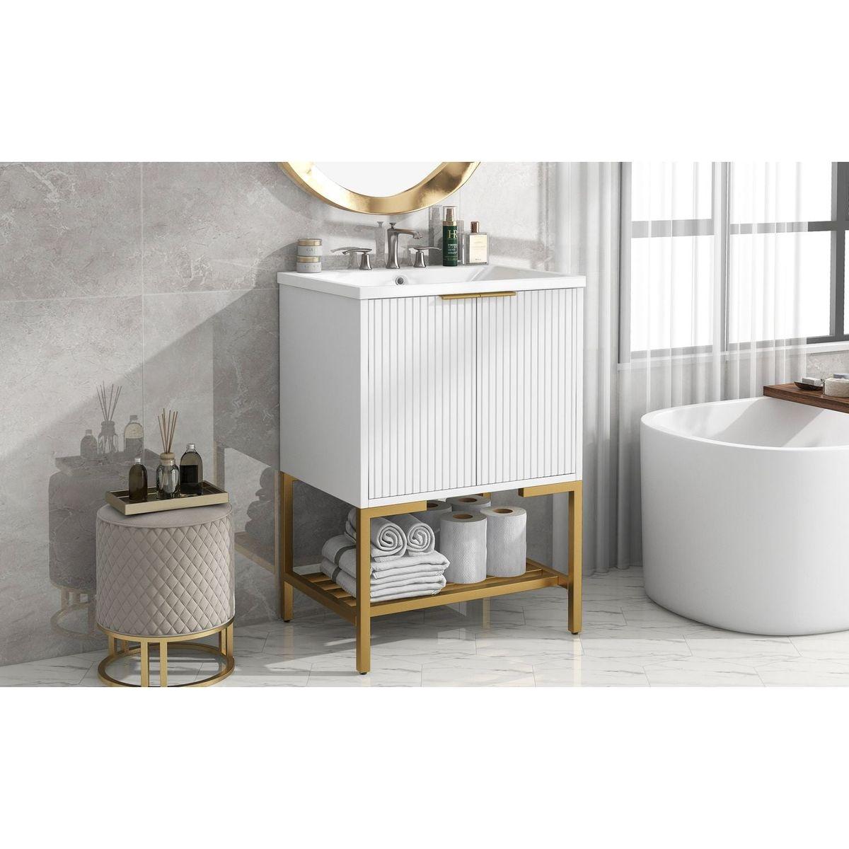 24" Bathroom Vanity with Sink, Bathroom Vanity Cabinet with Two Doors and Gold Metal Frame, Open Storage Shelf, White