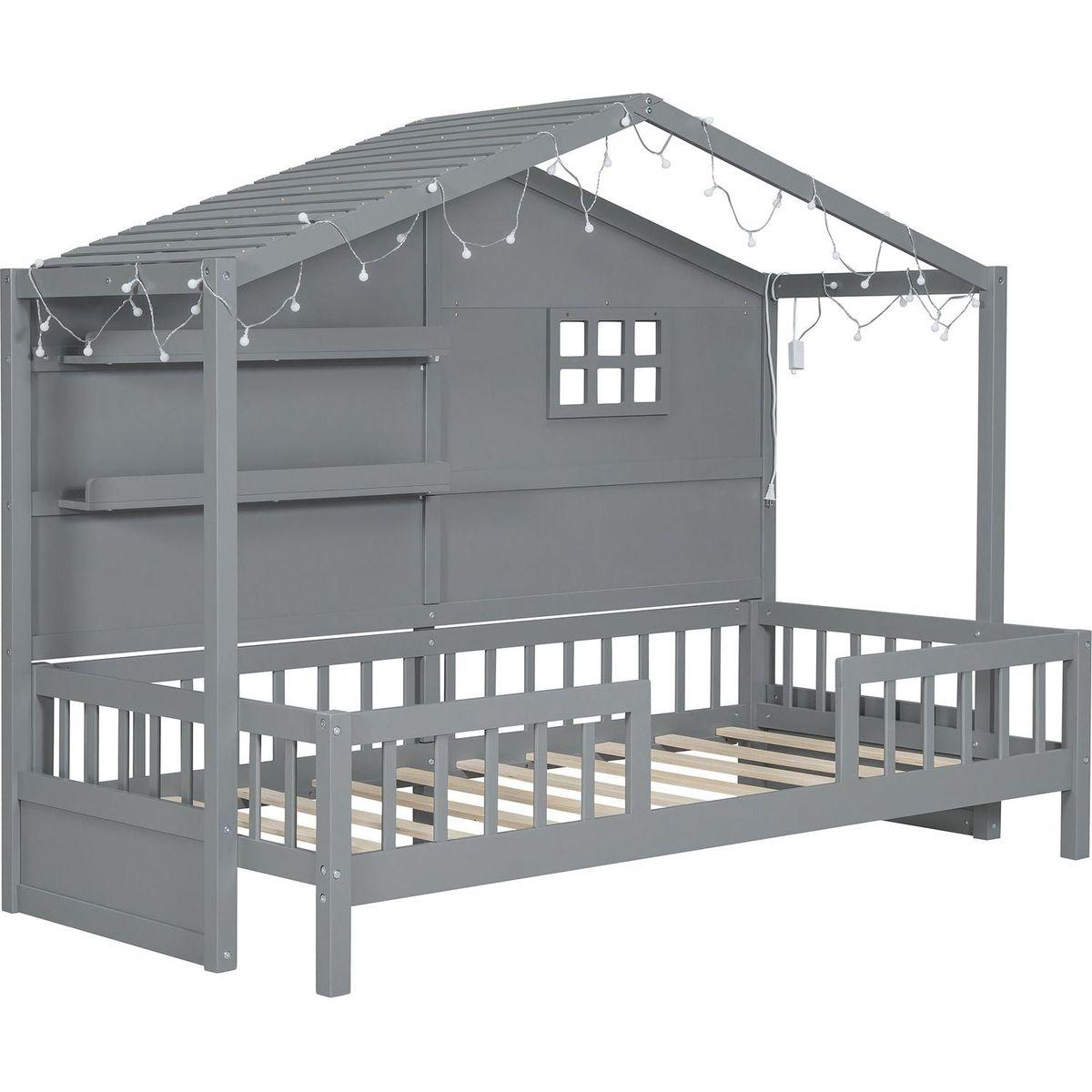 Twin Size House Bed with Shelves, House Bed with Window and Sparkling Light Strip on the Roof, Gray