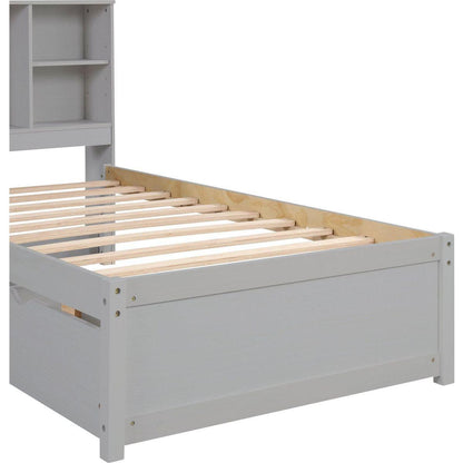 Modern Twin Size Bed Frame With Built-in USB Port on Bookcase Headboard and 2 Drawers for Grey Color