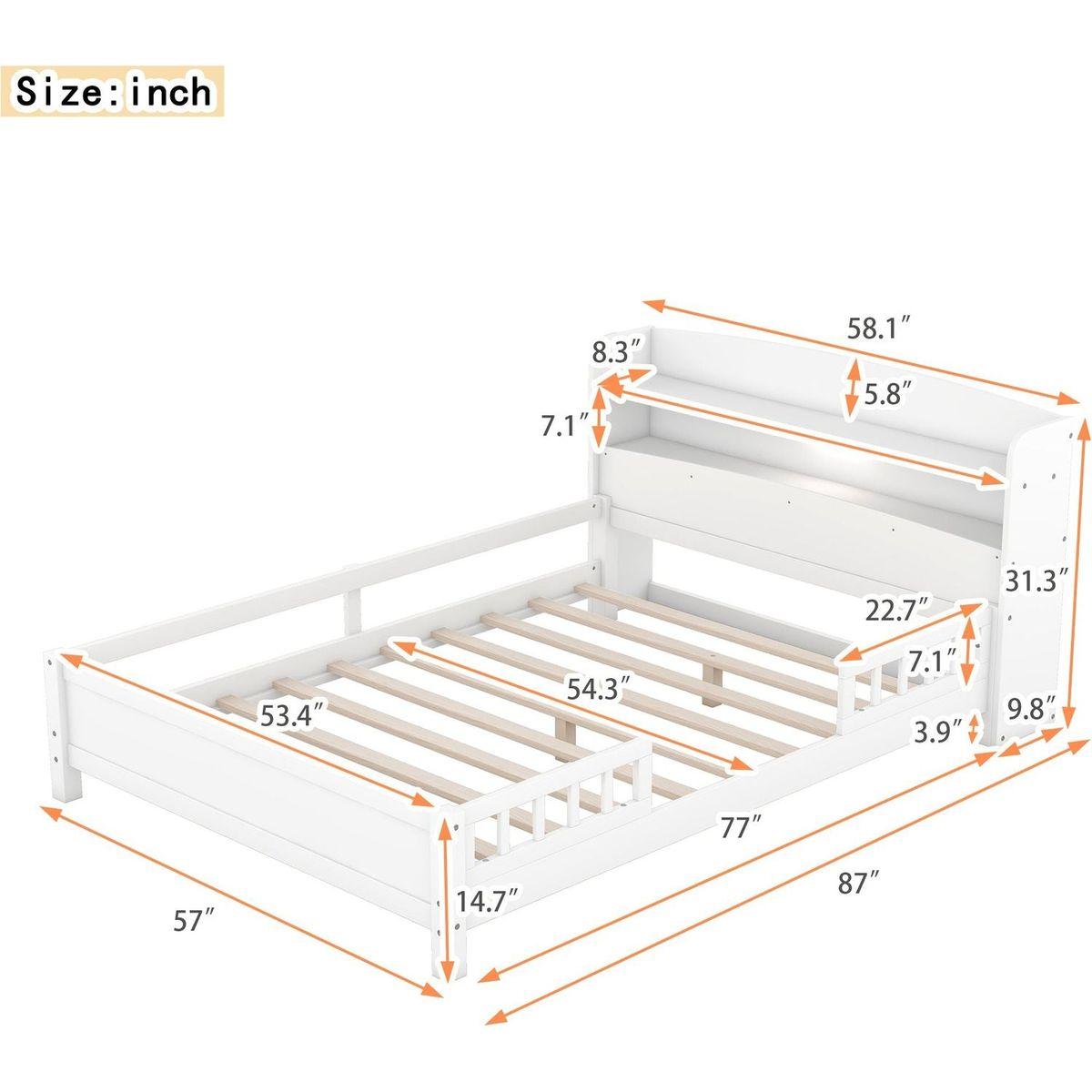 Wood Full Size Platform Bed with Built-in LED Light, Storage Headboard and Guardrail, White