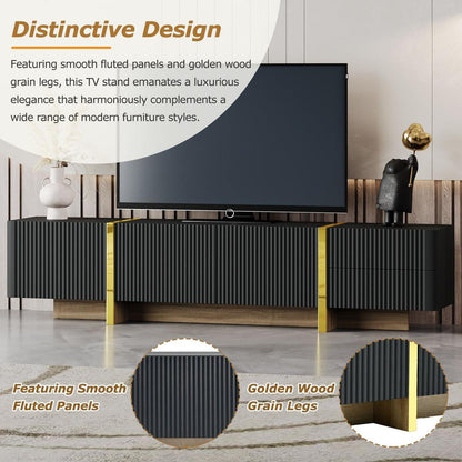 Luxury Fluted TV Stand for TVs Up to 80", Modern Entertainment Center with Storage Cabinets & Drawers, Smooth Media Console with Golden Wood Grain Legs for Living Room, Black