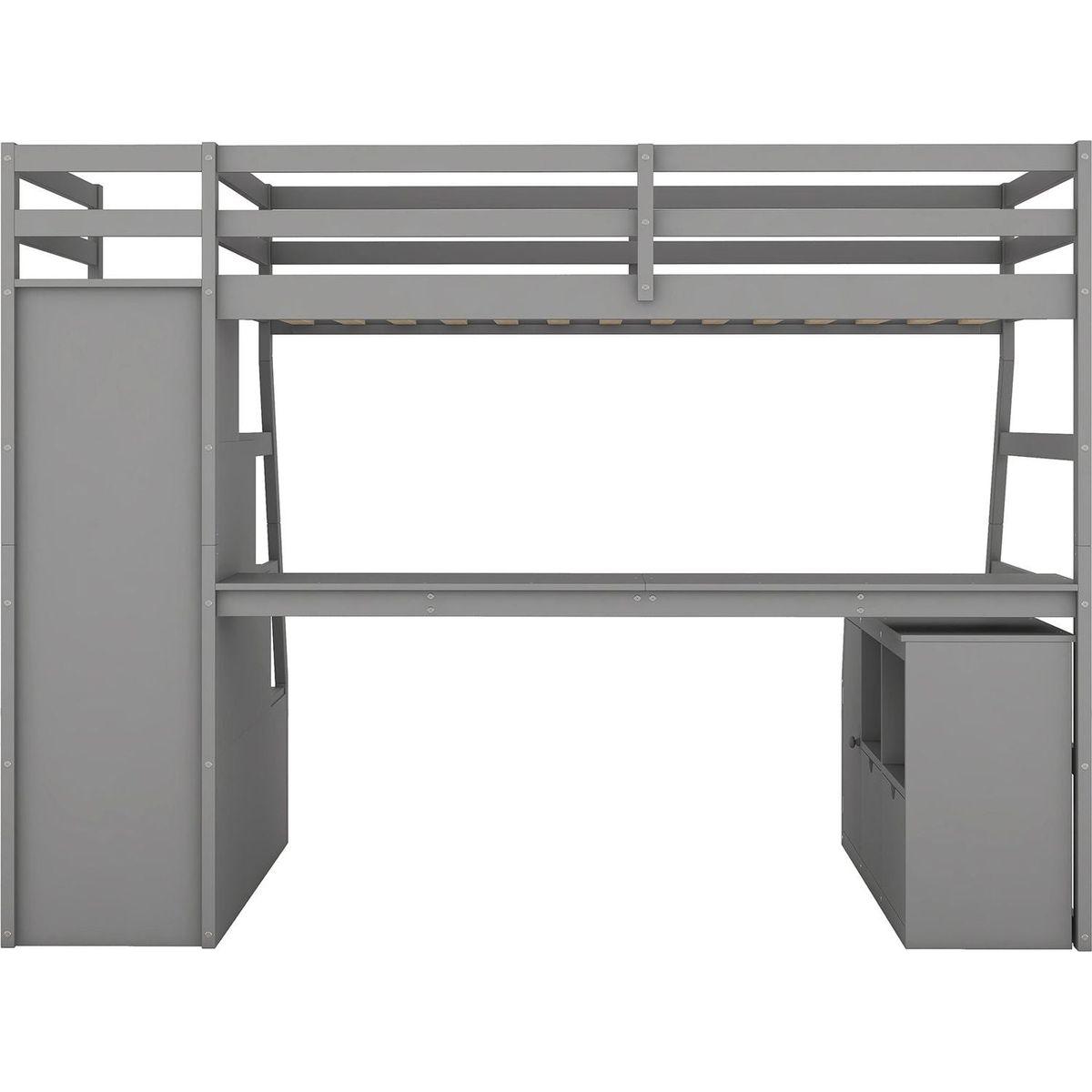 Twin Size Loft Bed with 7 Drawers 2 Shelves and Desk - Gray