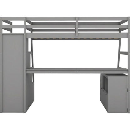 Twin Size Loft Bed with 7 Drawers 2 Shelves and Desk - Gray
