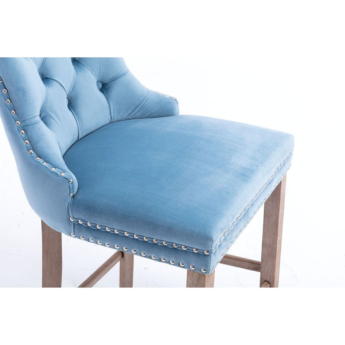 Contemporary Velvet Upholstered Barstools with Button Tufted Decoration and Wooden Legs, and Chrome Nailhead Trim, Leisure Style Bar Chairs,Bar stools, Set of 2 (Light Blue)