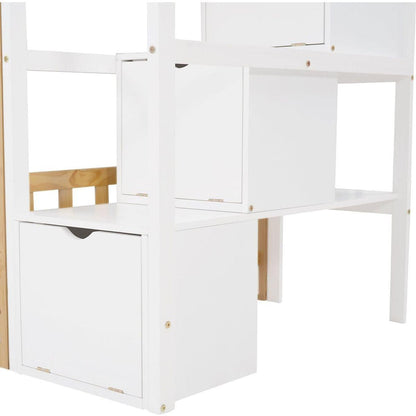 Stairway Twin-Over-Twin Bunk Bed,House Bed,Storage and Guard Rail,Natural Bed +White Stair