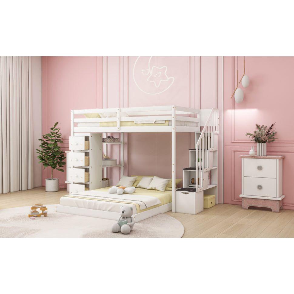 Twin Over Full Bunk Bed with 3-layer Shelves, Drawers and Storage Stairs, White
