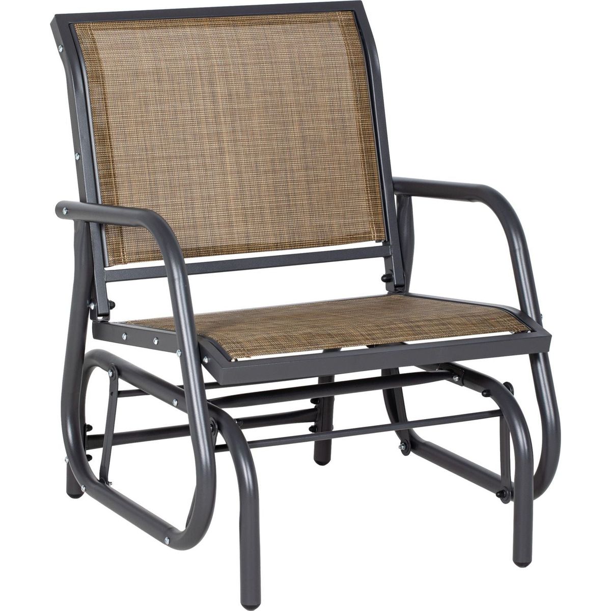 Porch Glider, Metal Frame Swing Glider Chair with Breathable Mesh Fabric, Curved Armrests and Steel Frame for Garden, Poolside, Backyard, Balcony, Light Mixed Brown