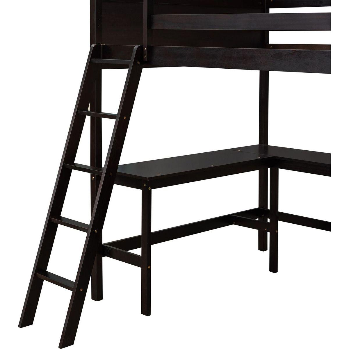 Full size Loft Bed with Shelves and Desk, Wooden Loft Bed with Desk - Espresso