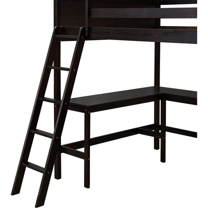 Full size Loft Bed with Shelves and Desk, Wooden Loft Bed with Desk - Espresso
