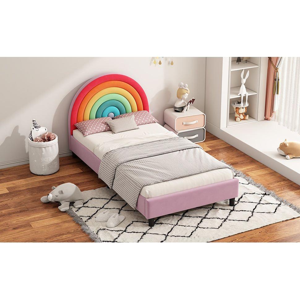 Rainbow Design Upholstered Twin Platform Bed Cute Style Princess Bed for Boys & Girls, Teens, Colorful & Pink