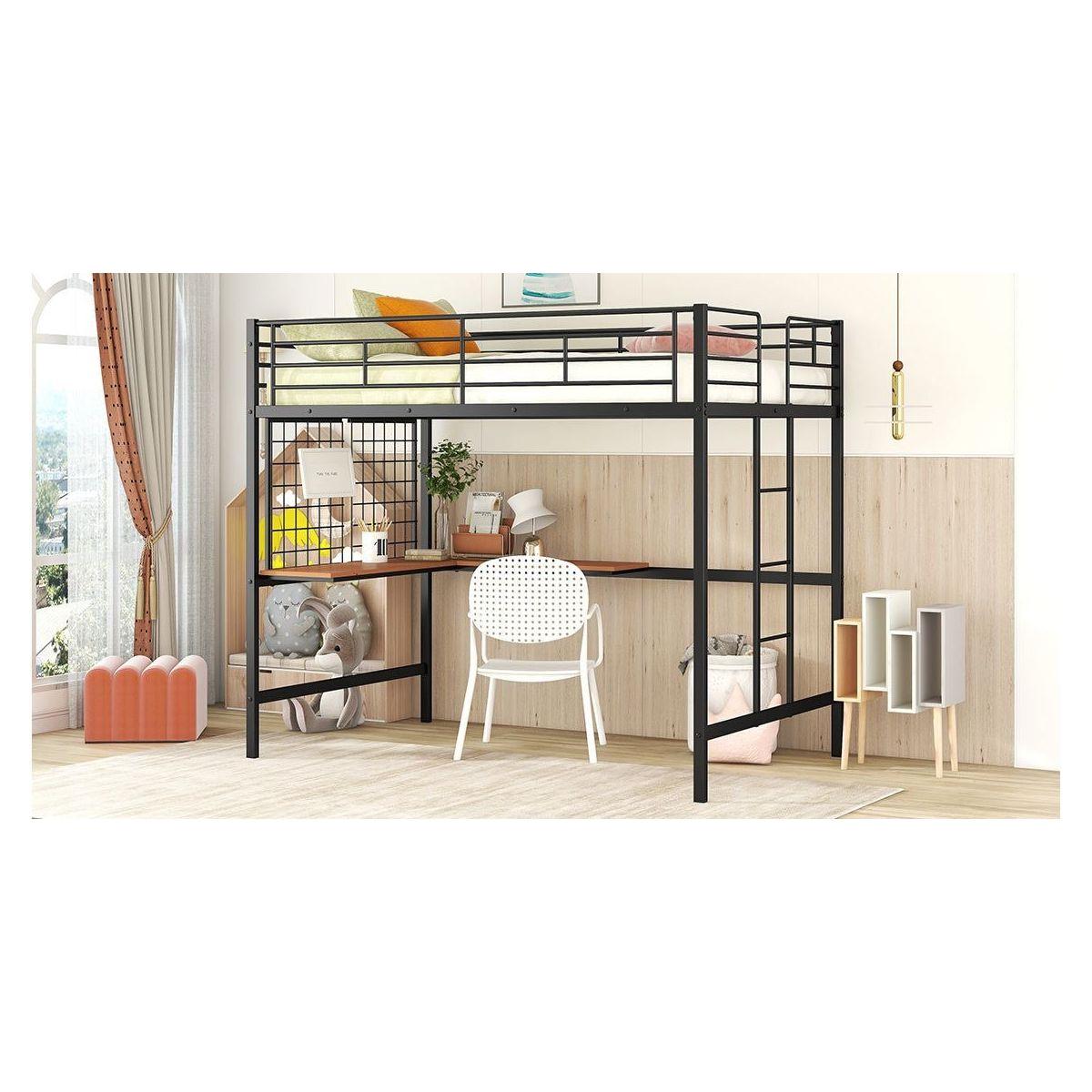 Full Metal Loft Bed with Desk and Metal Grid, Black