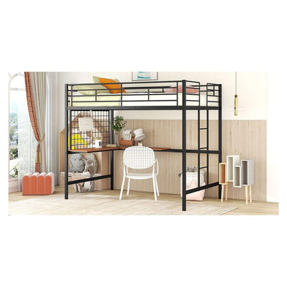 Full Metal Loft Bed with Desk and Metal Grid, Black
