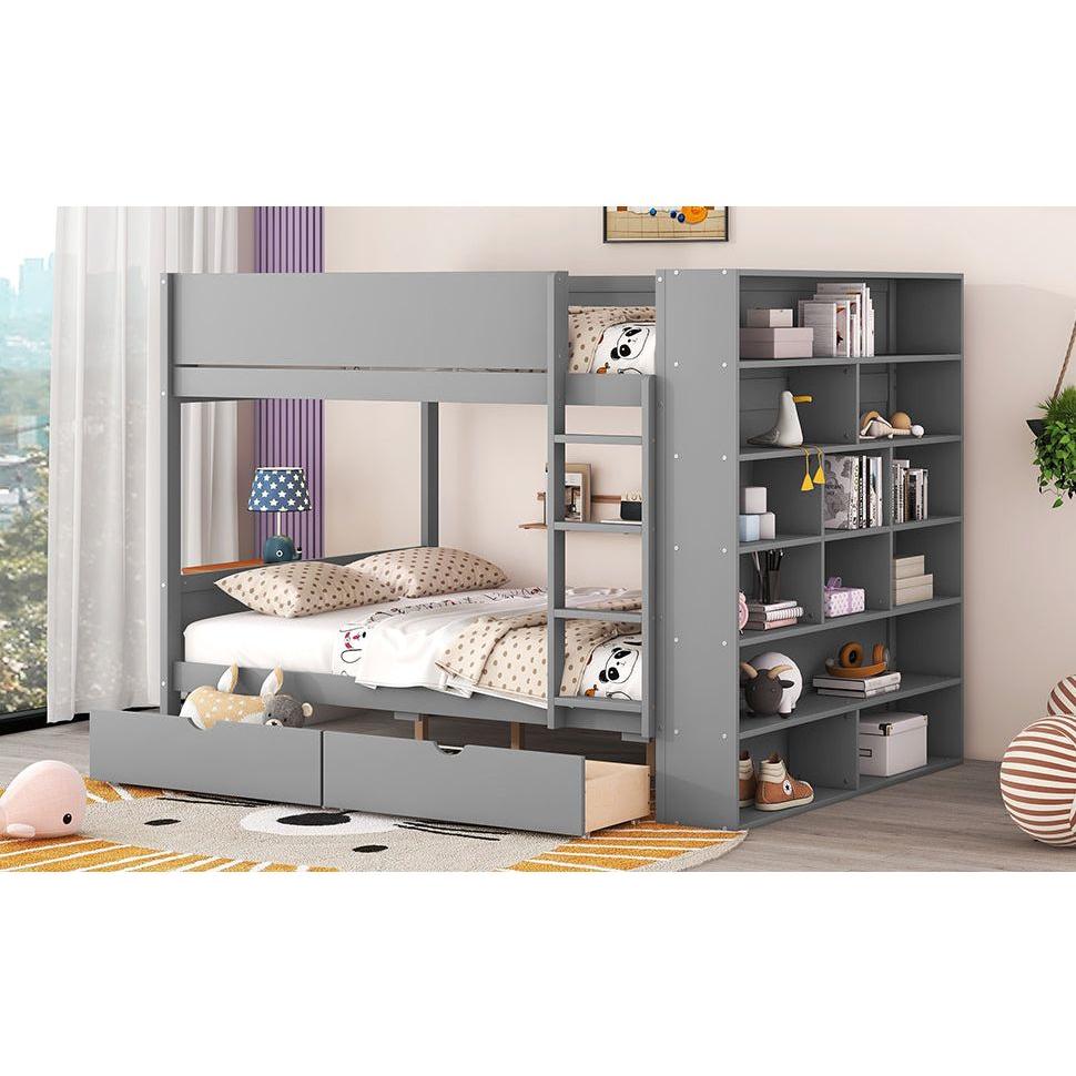 Full over Full Bunk Bed With 2 Drawers and Multi-layer Cabinet, Gray