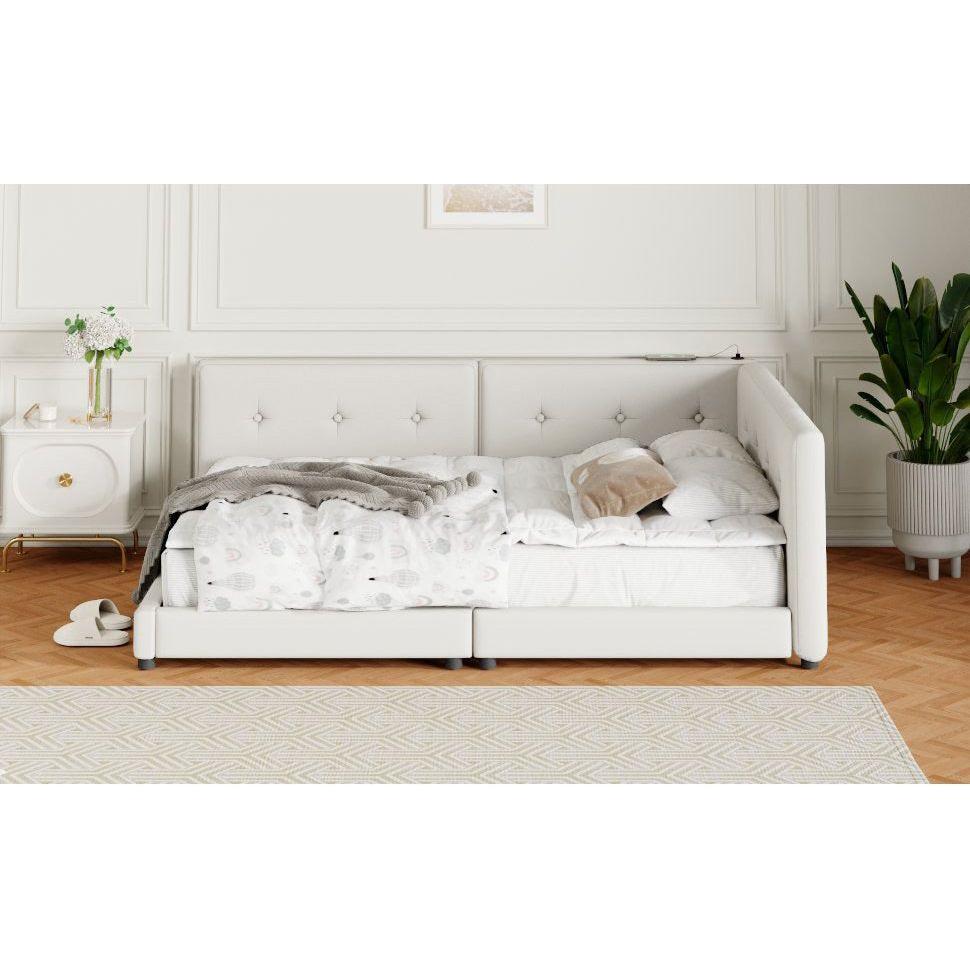 Upholstered Queen Size platform bed with USB Ports, Beige