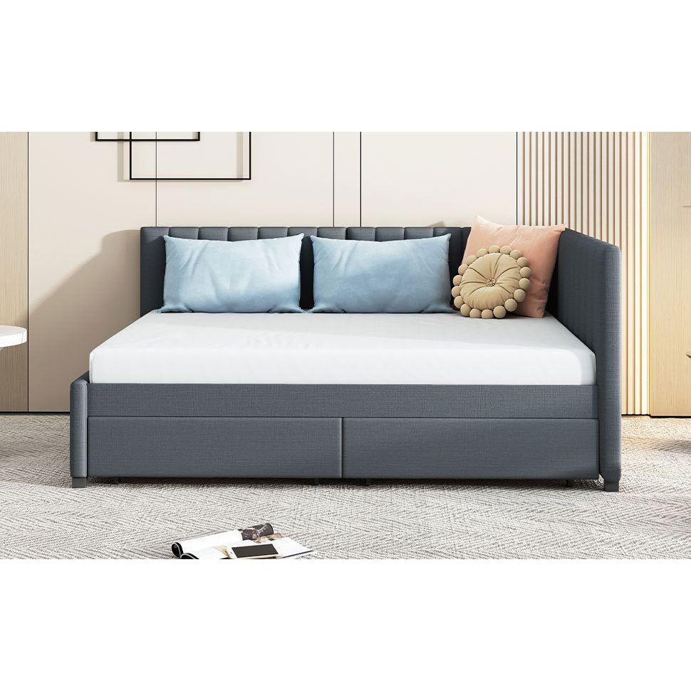 Full Size Upholstered Daybed with 2 Storage Drawers Sofa Bed Frame No Box Spring Needed, Linen Fabric (Gray)