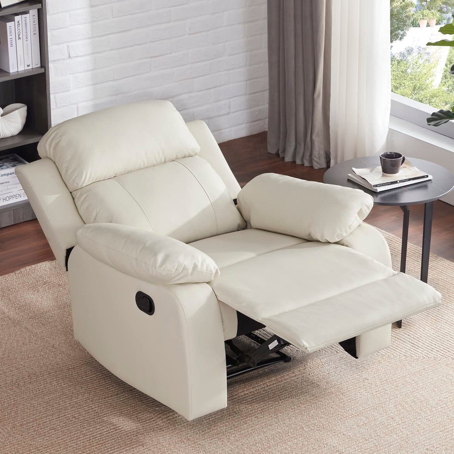 Recliner Chair Leather Manual Single Sofa, Living Room Chair Home Theater Lounge Seat, 36×39×40 inch, Beige